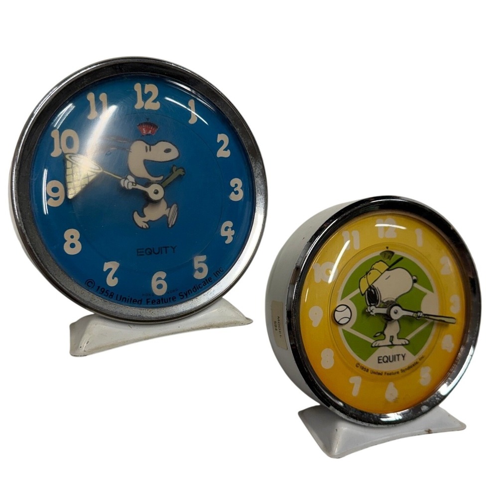 Vintage 1958 Equity Snoopy Alarm Clock Set 2pc Peanuts Baseball Butterfly Net